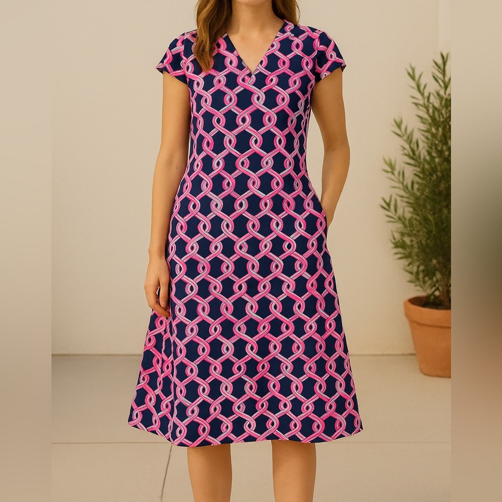 Julie Brown NYC Pink Navy Geometric Shift Dress Small Short Sleeve Work Chic Fit
